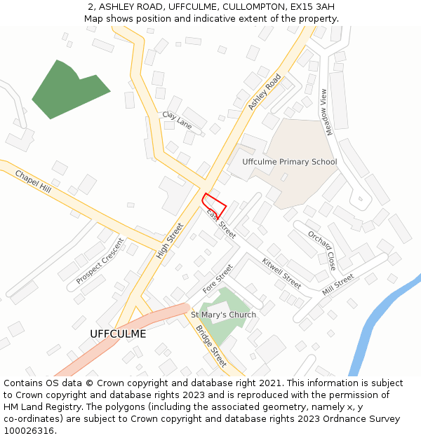 2, ASHLEY ROAD, UFFCULME, CULLOMPTON, EX15 3AH: Location map and indicative extent of plot