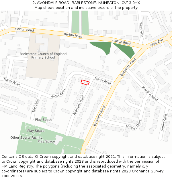 2, AVONDALE ROAD, BARLESTONE, NUNEATON, CV13 0HX: Location map and indicative extent of plot