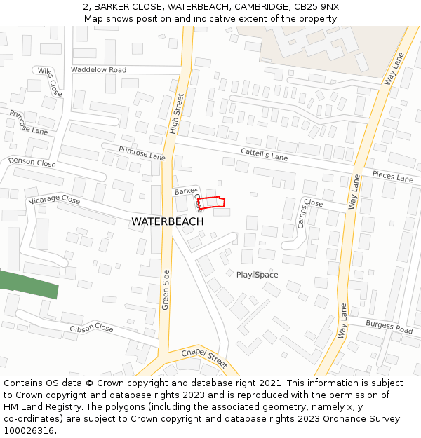 2, BARKER CLOSE, WATERBEACH, CAMBRIDGE, CB25 9NX: Location map and indicative extent of plot