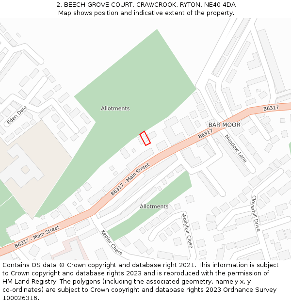 2, BEECH GROVE COURT, CRAWCROOK, RYTON, NE40 4DA: Location map and indicative extent of plot