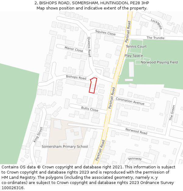 2, BISHOPS ROAD, SOMERSHAM, HUNTINGDON, PE28 3HP: Location map and indicative extent of plot