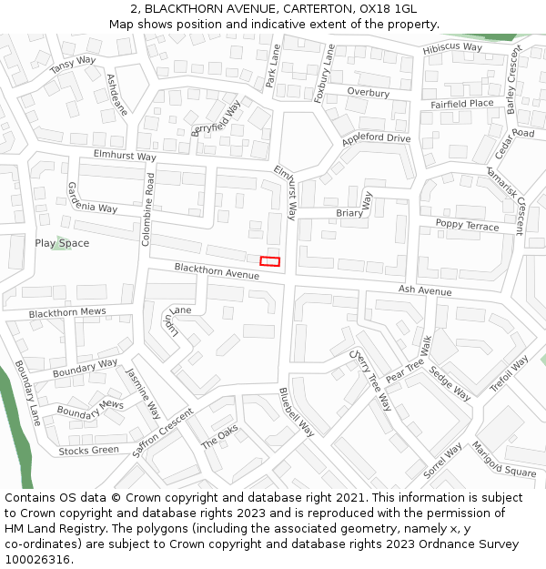 2, BLACKTHORN AVENUE, CARTERTON, OX18 1GL: Location map and indicative extent of plot