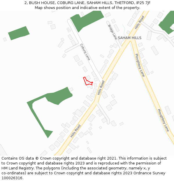 2, BUSH HOUSE, COBURG LANE, SAHAM HILLS, THETFORD, IP25 7JF: Location map and indicative extent of plot