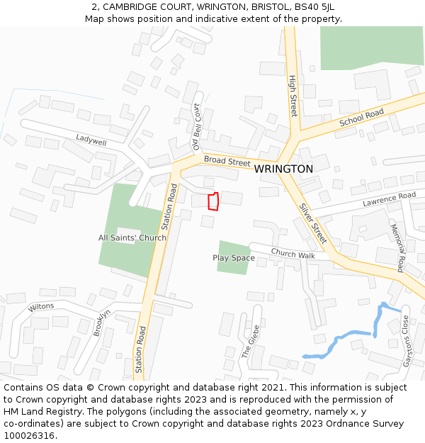 2, CAMBRIDGE COURT, WRINGTON, BRISTOL, BS40 5JL: Location map and indicative extent of plot