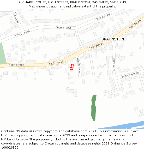 2, CHAPEL COURT, HIGH STREET, BRAUNSTON, DAVENTRY, NN11 7HS: Location map and indicative extent of plot