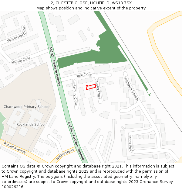 2, CHESTER CLOSE, LICHFIELD, WS13 7SX: Location map and indicative extent of plot