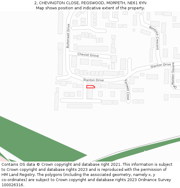 2, CHEVINGTON CLOSE, PEGSWOOD, MORPETH, NE61 6YN: Location map and indicative extent of plot