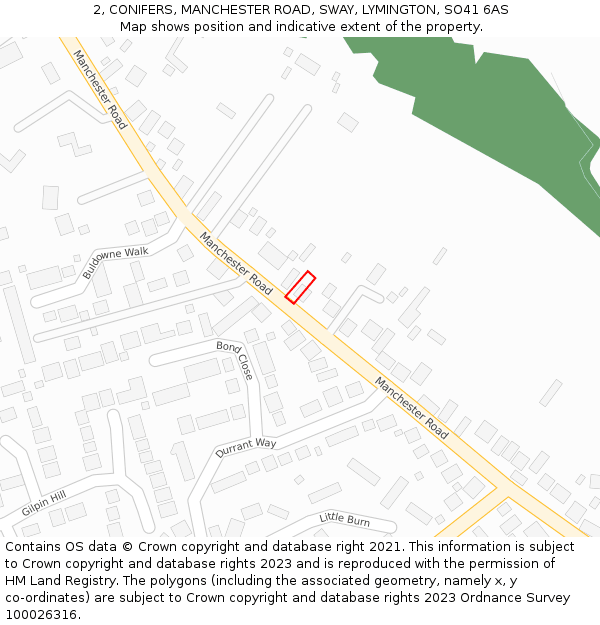 2, CONIFERS, MANCHESTER ROAD, SWAY, LYMINGTON, SO41 6AS: Location map and indicative extent of plot