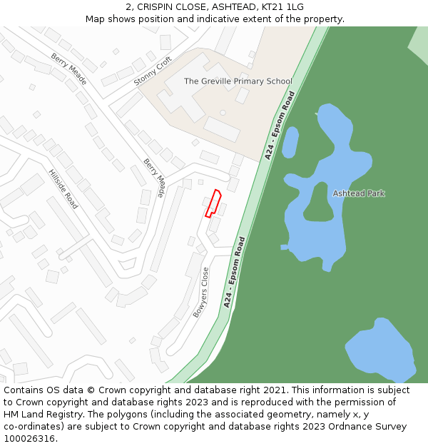 2, CRISPIN CLOSE, ASHTEAD, KT21 1LG: Location map and indicative extent of plot