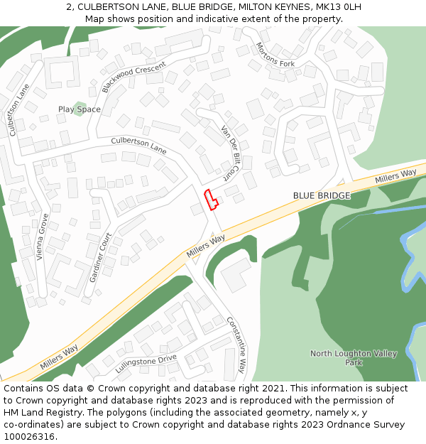 2, CULBERTSON LANE, BLUE BRIDGE, MILTON KEYNES, MK13 0LH: Location map and indicative extent of plot