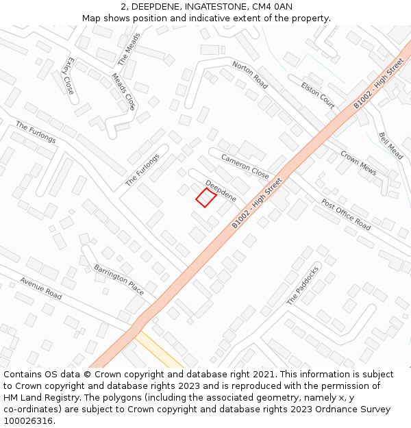 2, DEEPDENE, INGATESTONE, CM4 0AN: Location map and indicative extent of plot