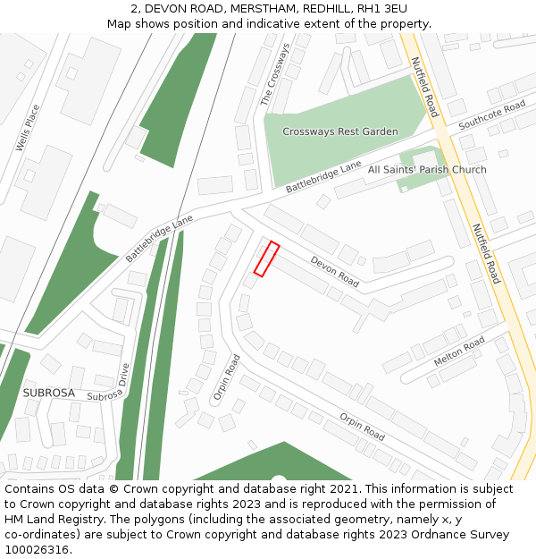 2, DEVON ROAD, MERSTHAM, REDHILL, RH1 3EU: Location map and indicative extent of plot