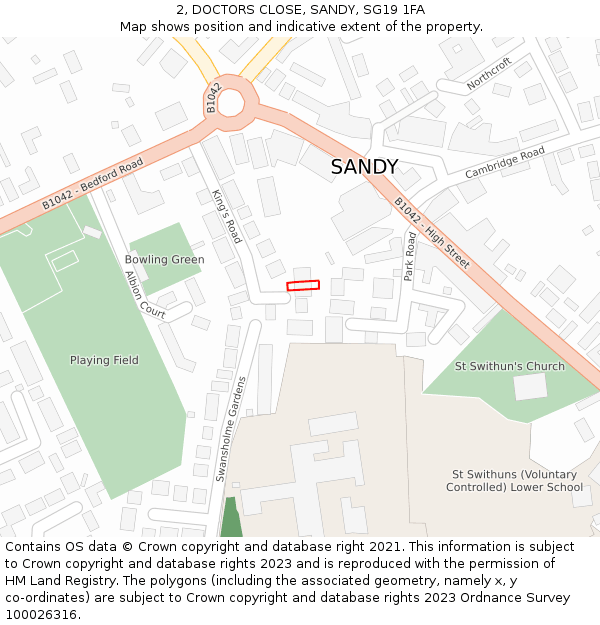 2, DOCTORS CLOSE, SANDY, SG19 1FA: Location map and indicative extent of plot