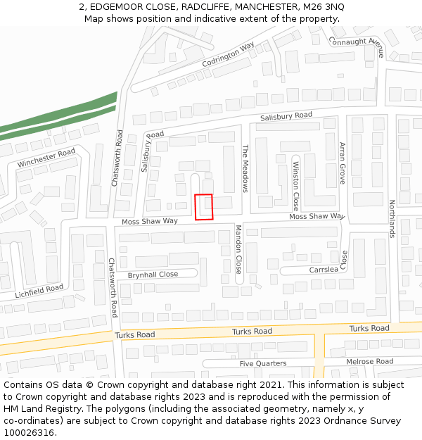 2, EDGEMOOR CLOSE, RADCLIFFE, MANCHESTER, M26 3NQ: Location map and indicative extent of plot