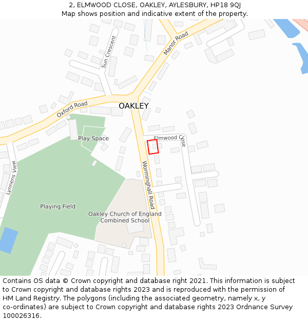 2, ELMWOOD CLOSE, OAKLEY, AYLESBURY, HP18 9QJ: Location map and indicative extent of plot