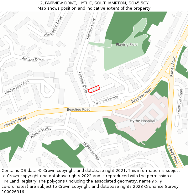 2, FAIRVIEW DRIVE, HYTHE, SOUTHAMPTON, SO45 5GY: Location map and indicative extent of plot