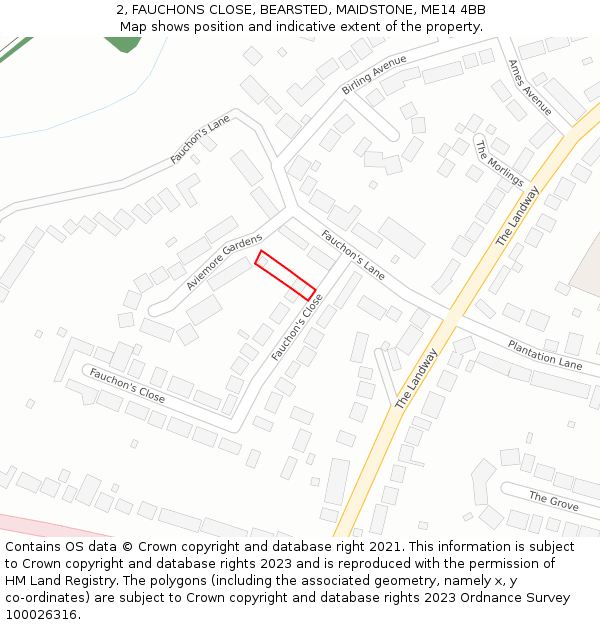 2, FAUCHONS CLOSE, BEARSTED, MAIDSTONE, ME14 4BB: Location map and indicative extent of plot