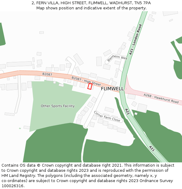 2, FERN VILLA, HIGH STREET, FLIMWELL, WADHURST, TN5 7PA: Location map and indicative extent of plot
