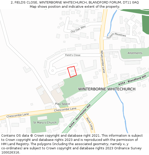 2, FIELDS CLOSE, WINTERBORNE WHITECHURCH, BLANDFORD FORUM, DT11 0AQ: Location map and indicative extent of plot