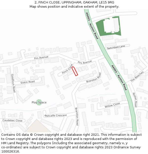 2, FINCH CLOSE, UPPINGHAM, OAKHAM, LE15 9RG: Location map and indicative extent of plot