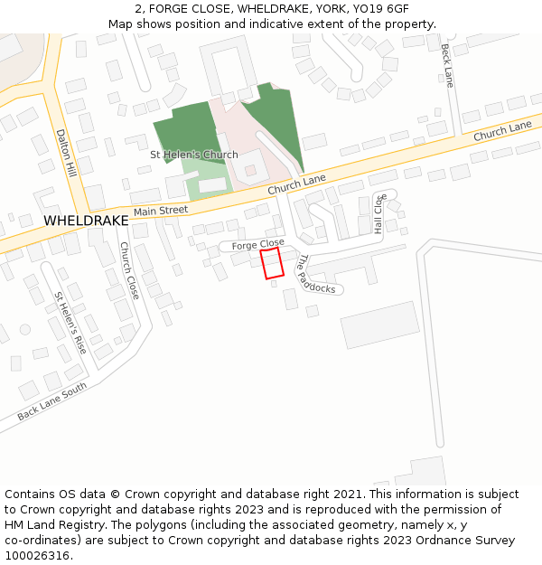 2, FORGE CLOSE, WHELDRAKE, YORK, YO19 6GF: Location map and indicative extent of plot