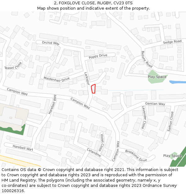 2, FOXGLOVE CLOSE, RUGBY, CV23 0TS: Location map and indicative extent of plot