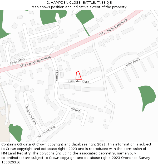 2, HAMPDEN CLOSE, BATTLE, TN33 0JB: Location map and indicative extent of plot