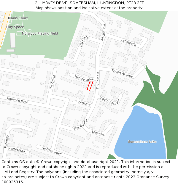 2, HARVEY DRIVE, SOMERSHAM, HUNTINGDON, PE28 3EF: Location map and indicative extent of plot