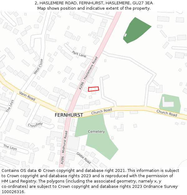2, HASLEMERE ROAD, FERNHURST, HASLEMERE, GU27 3EA: Location map and indicative extent of plot