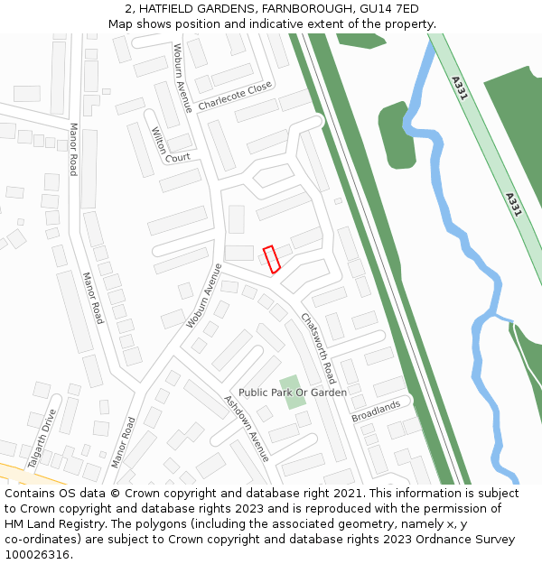 2, HATFIELD GARDENS, FARNBOROUGH, GU14 7ED: Location map and indicative extent of plot