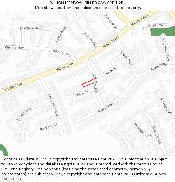 2, HIGH MEADOW, BILLERICAY, CM11 2BL: Location map and indicative extent of plot