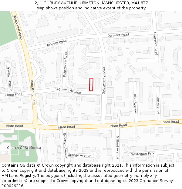 2, HIGHBURY AVENUE, URMSTON, MANCHESTER, M41 8TZ: Location map and indicative extent of plot