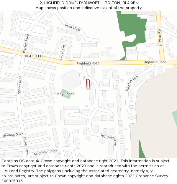 2, HIGHFIELD DRIVE, FARNWORTH, BOLTON, BL4 0RN: Location map and indicative extent of plot