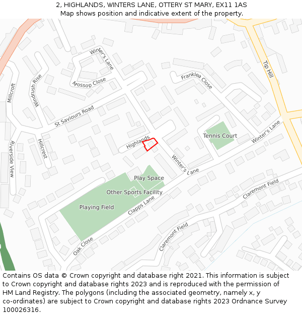 2, HIGHLANDS, WINTERS LANE, OTTERY ST MARY, EX11 1AS: Location map and indicative extent of plot