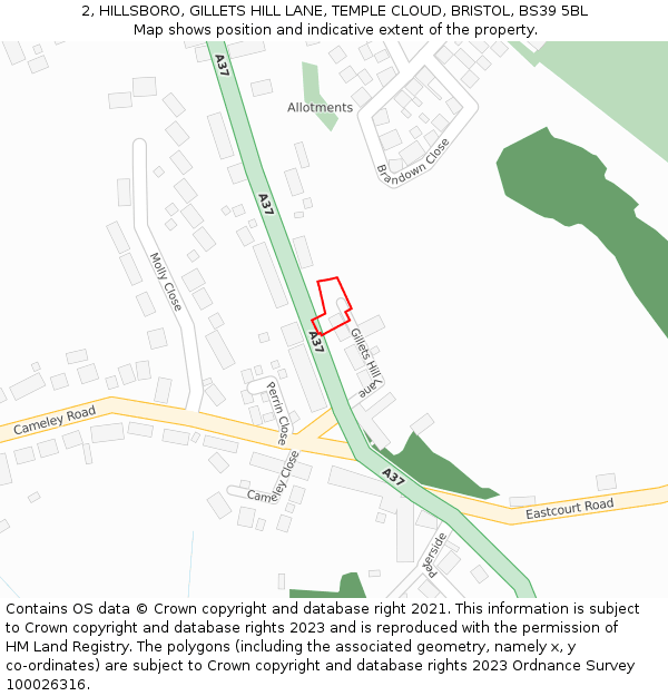 2, HILLSBORO, GILLETS HILL LANE, TEMPLE CLOUD, BRISTOL, BS39 5BL: Location map and indicative extent of plot