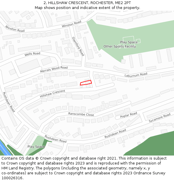 2, HILLSHAW CRESCENT, ROCHESTER, ME2 2PT: Location map and indicative extent of plot