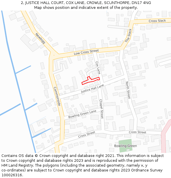 2, JUSTICE HALL COURT, COX LANE, CROWLE, SCUNTHORPE, DN17 4NG: Location map and indicative extent of plot