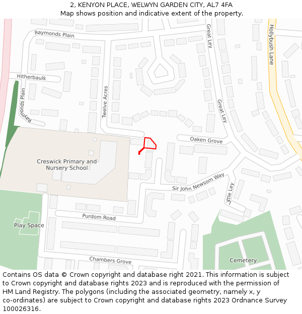 2, KENYON PLACE, WELWYN GARDEN CITY, AL7 4FA: Location map and indicative extent of plot