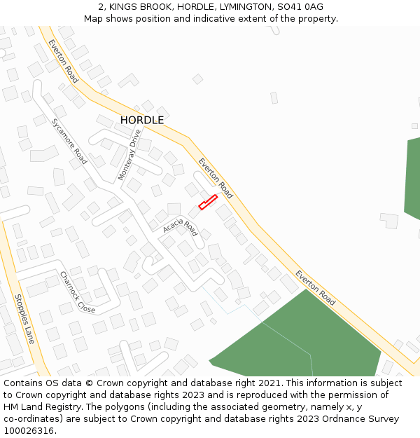 2, KINGS BROOK, HORDLE, LYMINGTON, SO41 0AG: Location map and indicative extent of plot