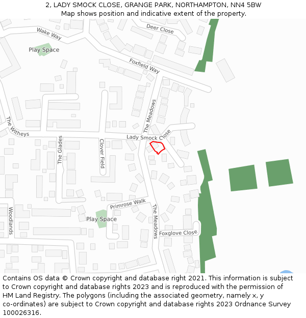 2, LADY SMOCK CLOSE, GRANGE PARK, NORTHAMPTON, NN4 5BW: Location map and indicative extent of plot