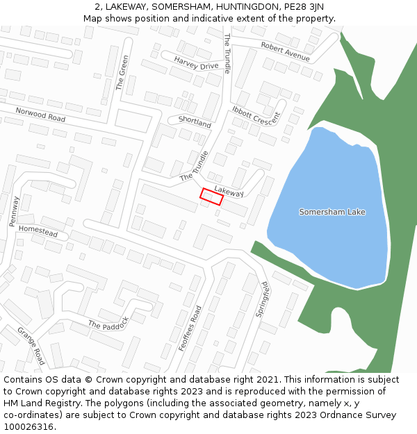 2, LAKEWAY, SOMERSHAM, HUNTINGDON, PE28 3JN: Location map and indicative extent of plot