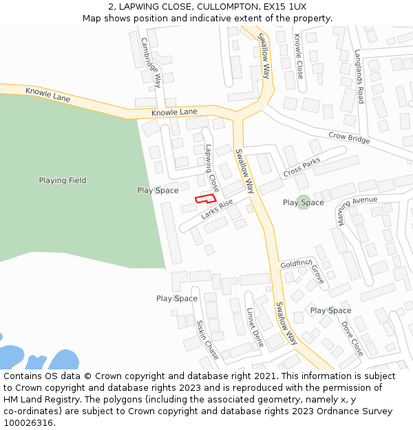 2, LAPWING CLOSE, CULLOMPTON, EX15 1UX: Location map and indicative extent of plot