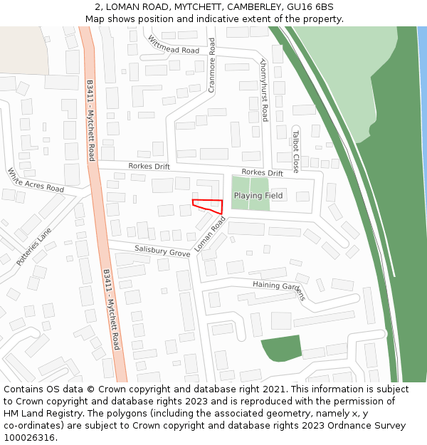 2, LOMAN ROAD, MYTCHETT, CAMBERLEY, GU16 6BS: Location map and indicative extent of plot