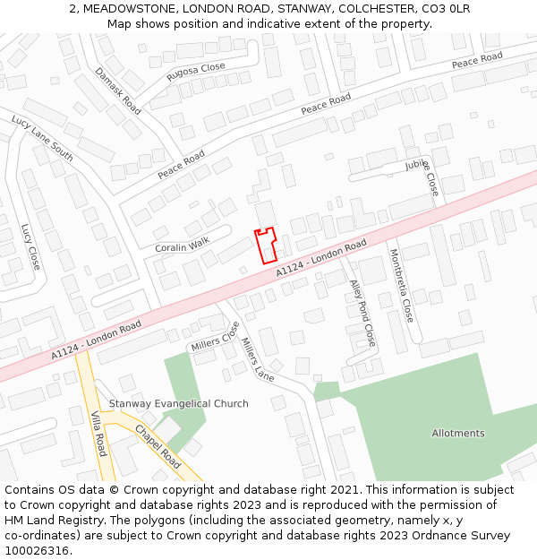 2, MEADOWSTONE, LONDON ROAD, STANWAY, COLCHESTER, CO3 0LR: Location map and indicative extent of plot