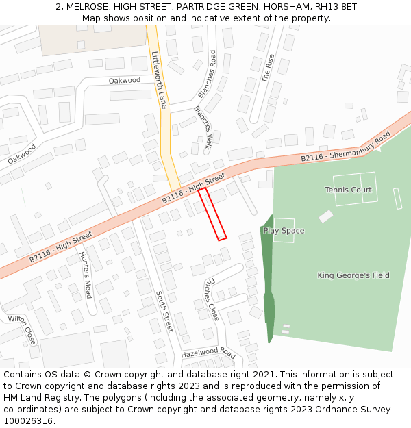 2, MELROSE, HIGH STREET, PARTRIDGE GREEN, HORSHAM, RH13 8ET: Location map and indicative extent of plot