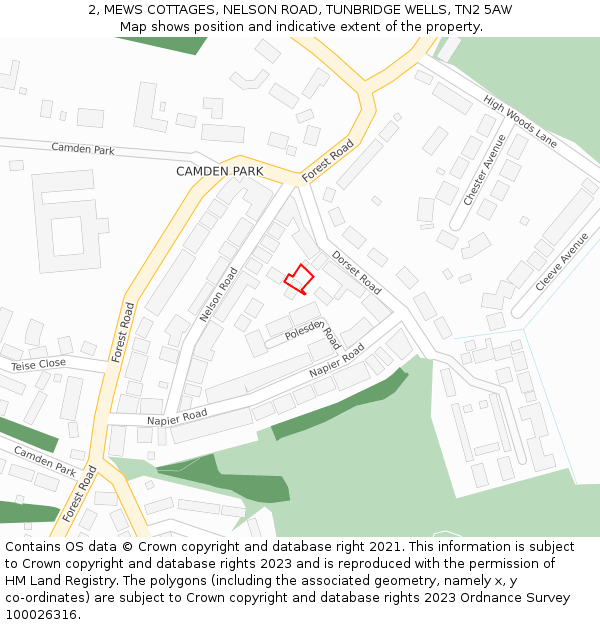 2, MEWS COTTAGES, NELSON ROAD, TUNBRIDGE WELLS, TN2 5AW: Location map and indicative extent of plot