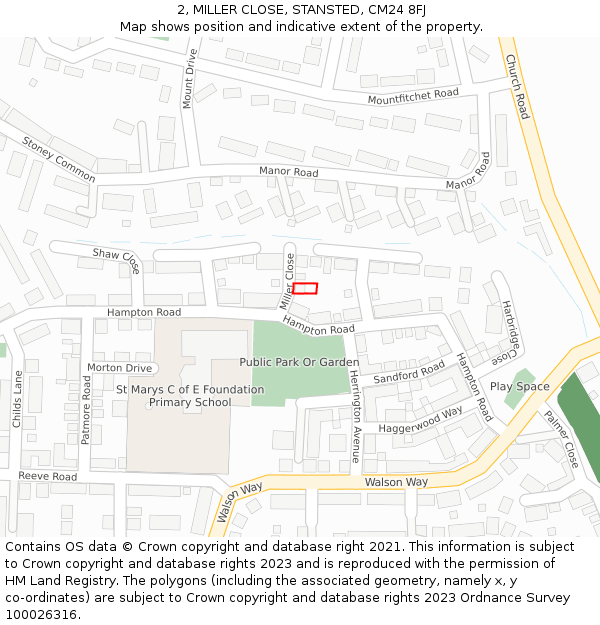 2, MILLER CLOSE, STANSTED, CM24 8FJ: Location map and indicative extent of plot