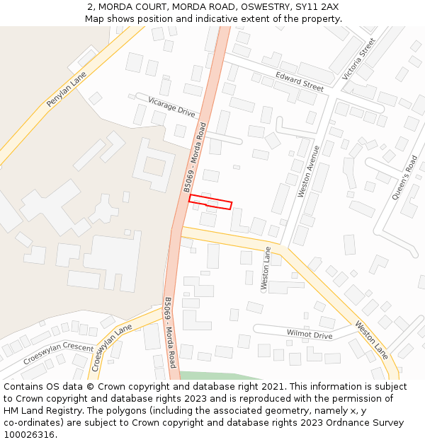 2, MORDA COURT, MORDA ROAD, OSWESTRY, SY11 2AX: Location map and indicative extent of plot