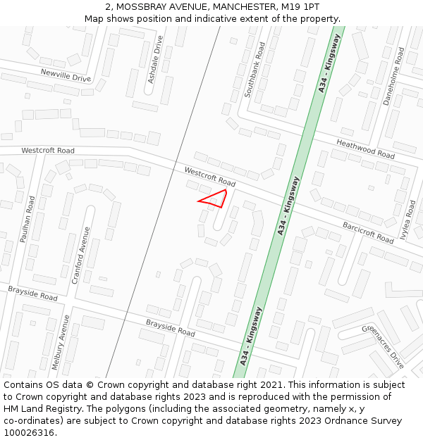 2, MOSSBRAY AVENUE, MANCHESTER, M19 1PT: Location map and indicative extent of plot