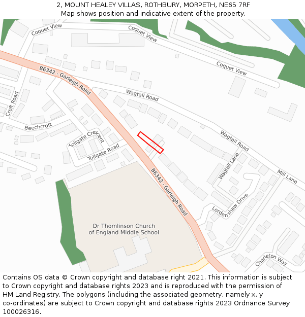 2, MOUNT HEALEY VILLAS, ROTHBURY, MORPETH, NE65 7RF: Location map and indicative extent of plot